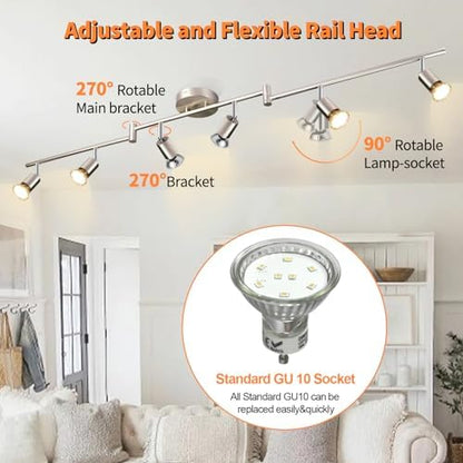 DINGLILIGHTING LED Ceiling Spotlight, 6-Way Rotatable, Matt Nickel Finish, 6x4W GU10 LED Bulbs (400LM, 3000K), For Kitchen, Living Room, Bedroom