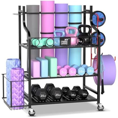 Mythinglogic Dumbbell rack-Yoga Mat weight rack-Home Gym Storage Rack for Dumbbells Kettlebells, Foam Roller, Yoga Strap, Resistance Bands - Workout Equipment Storage Organizer with Hooks and Wheels