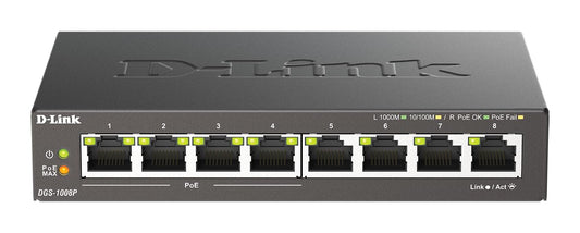 D-Link DGS-1008P 8-Port Gigabit Unmanaged Desktop PoE Switch, 80W Power Budget, Metal, Fanless, Black