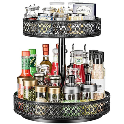Lazy Susan Organizer 2 Tier - Turntable Spice Rack 12 inch Adjustable Metal Rotating Lazy Susan for Cabinet Pantry Kitchen Countertop Dining Table Cupboard Bathroom Vanity Storage Black