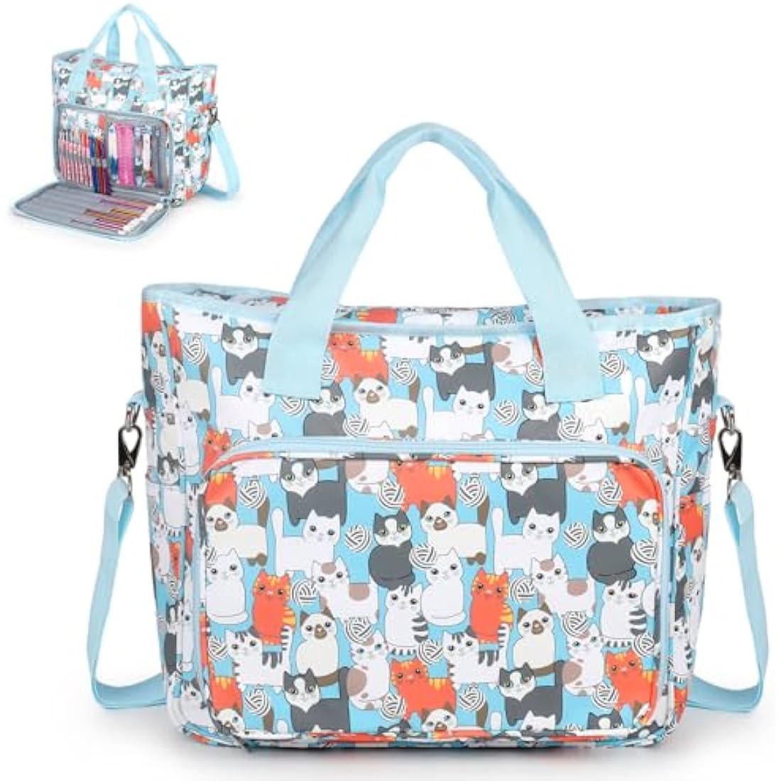 Aeelkie Knitting Bag Large, Crochet Bag Yarn Storage Bag, Craft Bag with Compartments, Portable Knitting Storage Organiser Tote Bag for Carrying Projects, Wool, Knitting & Crochet Tools, Cute Blue Cat