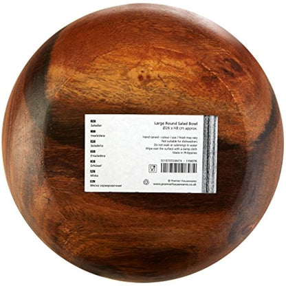 Premier Housewares Acacia Wood Salad Bowl Large Hand Carved Salad Bowl,26 x 26 x 8 cm