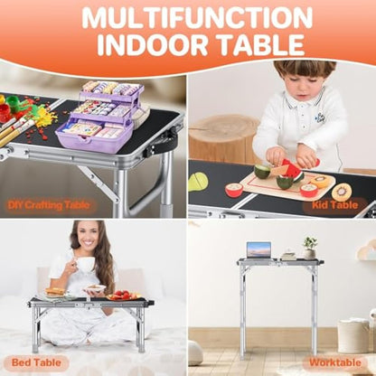 FUNYKICH 2ft Small Folding Camping Table, 3 Height Adjustable Portable Picnic Table, Lightweight Aluminum Outdoor Tables with Carry Handle for Camping, Picnic, BBQ, 58x40cm(L22.8 xW15.7), Silver