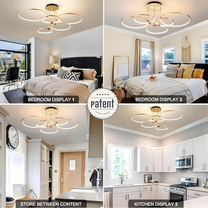 YYUTLUO LED Ceiling Light, Ø93cm Gold Metal Circle Chandelier, 108W Stepless Dimmable 3000-6000K, Modern Round Electroplate Pendant, Bedroom Living Children Office Study Kitchen Hallway(5 Ring)