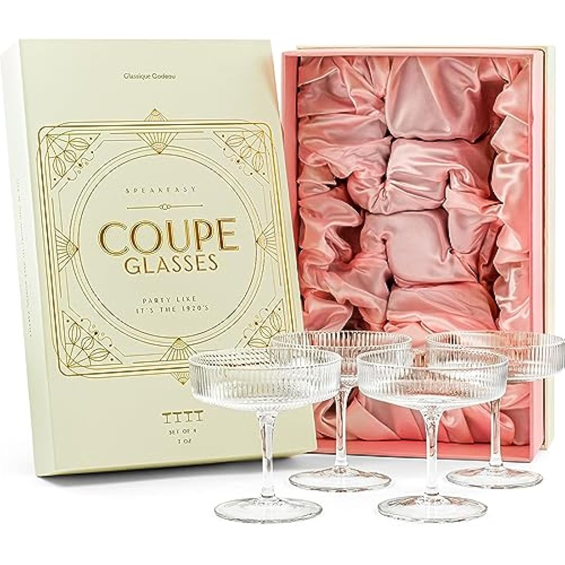 Vintage Art Deco Coupe Glasses | Set of 4 | 200 ml Classic Cocktail Glassware for Champagne, Martini, Manhattan, Cosmopolitan, Sidecar | Crystal Speakeasy Style Saucer Goblets with Stems