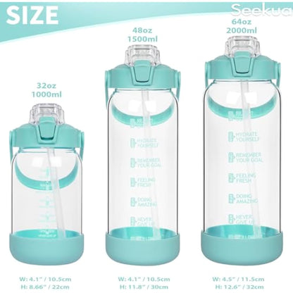 Seekua 2l Glass Water Bottle with Straw & Motivational Time Markings 2 litre Large Leakproof Gym Drinking Bottle