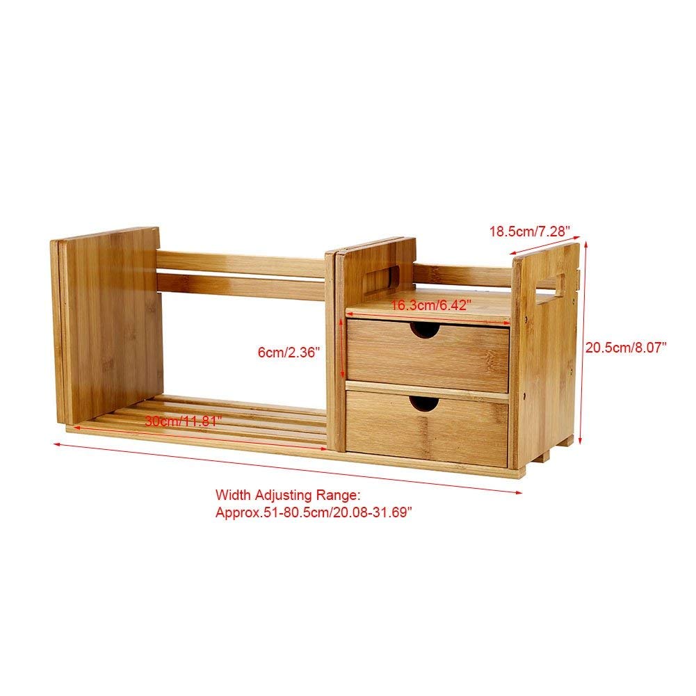 Ejoyous Bamboo Desk Organiser, Extendable Adjustable Desktop Bookcase Multipurpose Wooden Tabletop Bookshelf with 2 Drawers for Living Room Bed Room