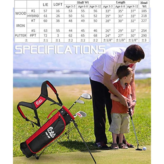 PGM Junior Golf Club Complete Set for Children Kids, 5 Golf Clubs with Stand Bag and 2 Headcovers for Boys & Girls, Right Hand