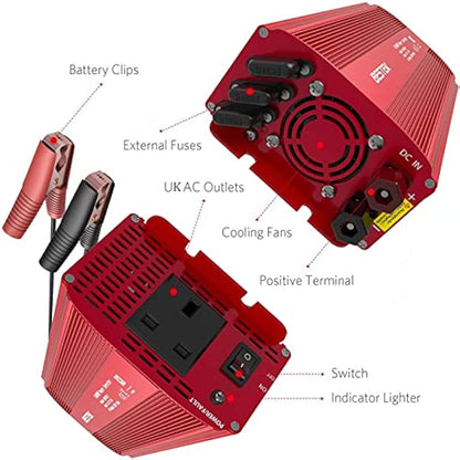 BESTEK 1000W Power Inverter 12V to 240V 230V Voltage Converter with Car 10-gauge Terminal Connection Wire for Battery
