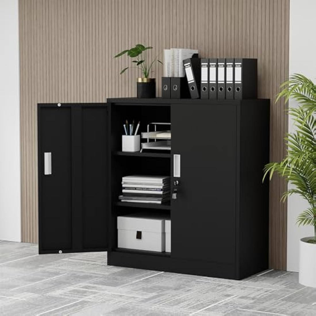 iJINGUR Metal Storage Cupboard with Locking Doors and 2 Adjustable Shelves, Small Lockable Storage Cabinet for Home Office Garage (Black)