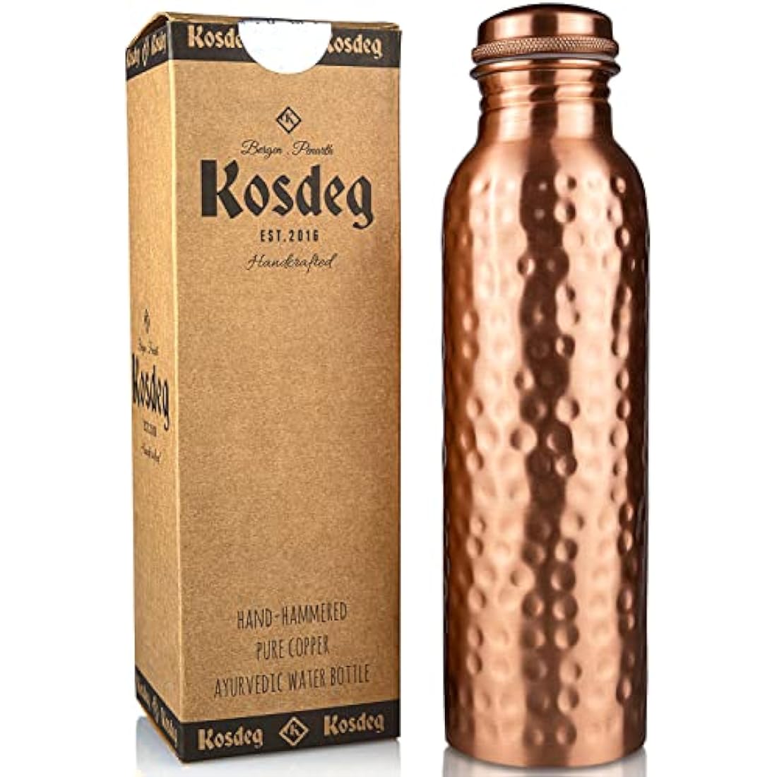 Kosdeg Hammered Copper Water Bottle 1 Liter / 34 Oz Extra Large - an Ayurvedic Pure Copper Vessel - Drink More Water, Lower Your Sugar Intake and Enjoy The Health Benefits Immediately