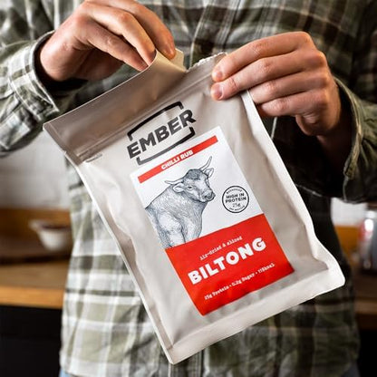 Ember Snacks: Biltong Beef Jerky Chilli Flavour (4 x 250g) 1kg total - Protein Keto Snacks, Bulk Bags - Resealable for On The Go Snack