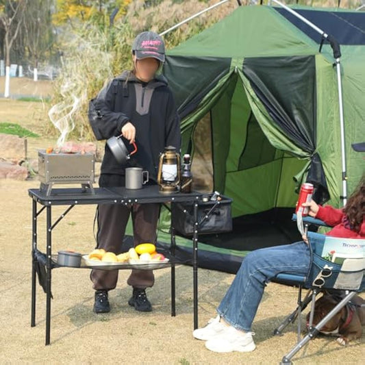 REDCAMP Folding Portable Grill Table with Sink for Outside, Lightweight Aluminum Metal Grill Stand Picnic Table for Camping Cooking BBQ RV Picnic, 2 Heights Adjustable,Black 36"x20"