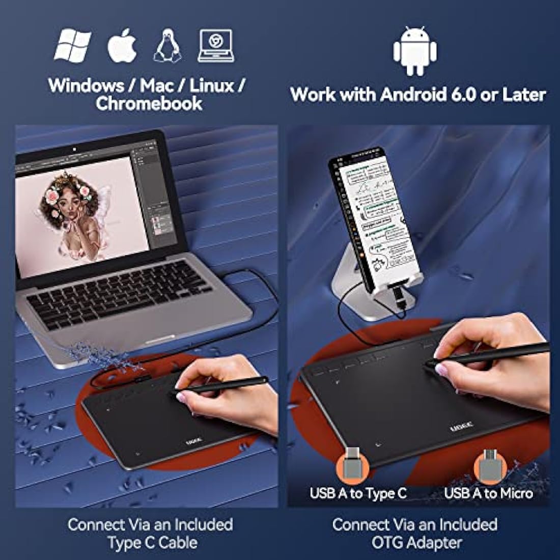 Drawing Tablet, Portable Graphics Tablet with Battery-Free Stylus and 10 Shortcut Keys, 8192 Pressure Sensitivity Digital Graphics Drawing Pad for Windows/Mac/Linux/Android/Chrome OS/OSU