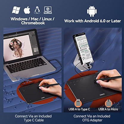 Drawing Tablet, Portable Graphics Tablet with Battery-Free Stylus and 10 Shortcut Keys, 8192 Pressure Sensitivity Digital Graphics Drawing Pad for Windows/Mac/Linux/Android/Chrome OS/OSU