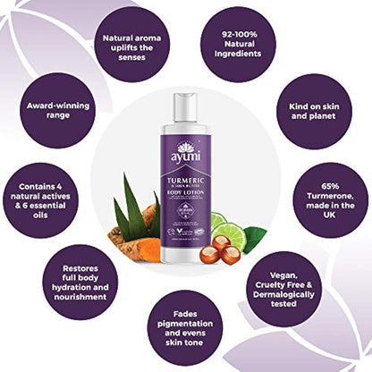 Ayumi Turmeric Body Lotion | Brightening Body Moisturiser for Dry Skin | Hydrating Body Lotion for Dull Skin | Shea Butter Body Cream for Damaged Skin | Body Moisturiser for Women & Men | 3 x 250 ml