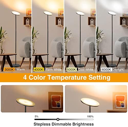 OUTON LED Uplighter Floor Lamp 30W 3000LM, Bright Modern Torchiere Dimmable Standing Lamp, Remote Touch Control & 4 Color Temperatures, 1 Hour Timer for Living Room, Bedroom, Office, Black