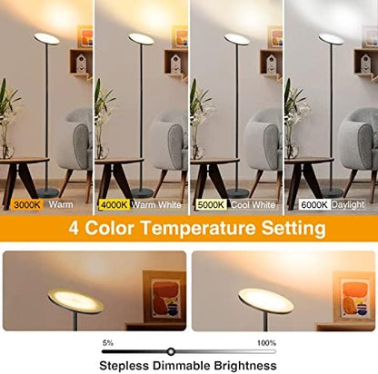 OUTON LED Uplighter Floor Lamp 30W 3000LM, Bright Modern Torchiere Dimmable Standing Lamp, Remote Touch Control & 4 Color Temperatures, 1 Hour Timer for Living Room, Bedroom, Office, Black