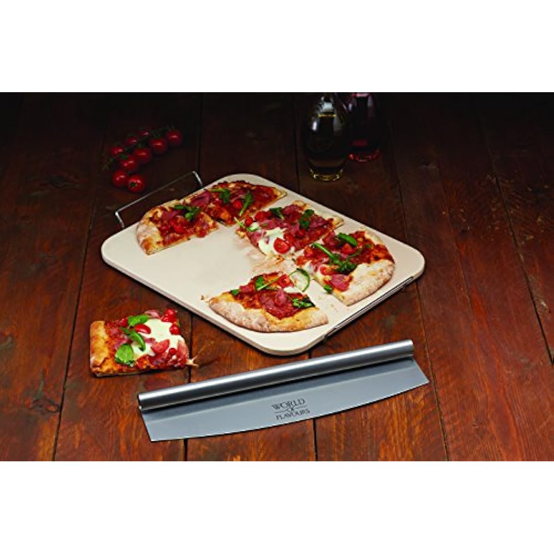 KitchenCraft World of Flavours Rectangular Ceramic Pizza Stone and Rocking Pizza Cutter Set, 2 Pieces