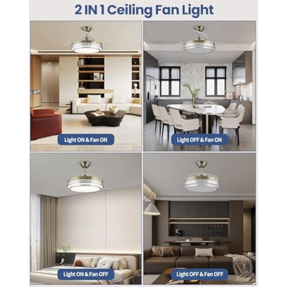 CJOY Ceiling Fans with Lights and Remote, Ceiling Fan with Retractable Blades, 42 inches Ceiling Fans with Lamps Invisible Reversible DC Motor Silent, Fan Light LED for Bedroom, 6 Speeds, Timing