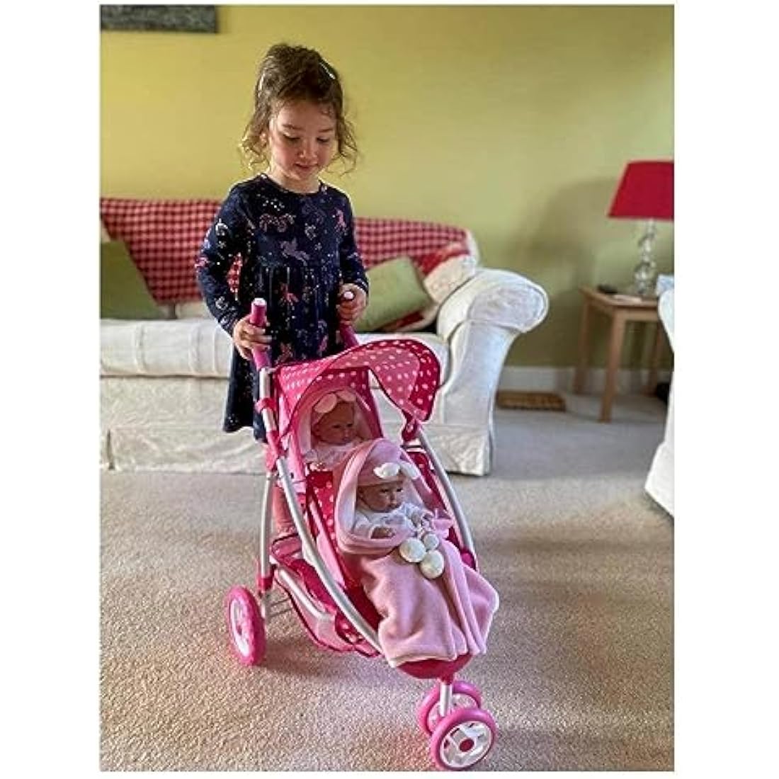 Roma Dotty Dolls Pram with 2 Seats - Dolls Pushchair for 2 Dolls or Teddies, Dolls Double Buggy with Handle Height of 65cm, Suitable for Age 3+, Includes Shopping Basket