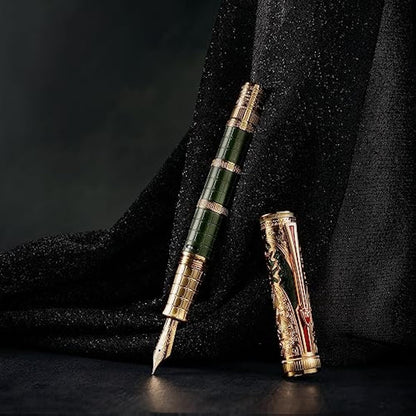 Hong Dian D5 Qin Dynasty Fountain Pen - Green Gold, Extra Fine Point, Piston Filler, Chinese Totem Retro Engraved Soft Writing Pen Set