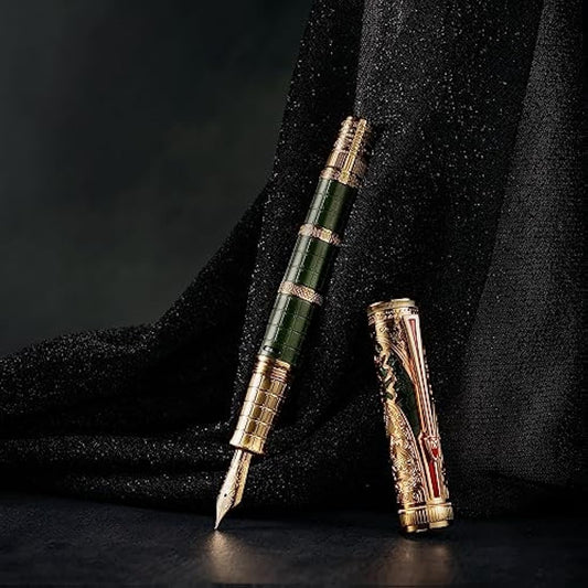 Hong Dian D5 Qin Dynasty Fountain Pen - Green Gold, Extra Fine Point, Piston Filler, Chinese Totem Retro Engraved Soft Writing Pen Set