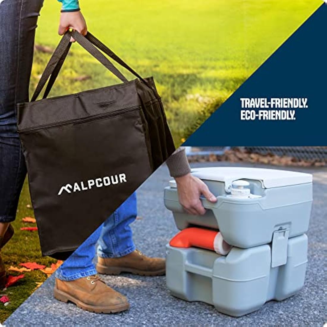 Alpcour Portable Toilet – Compact Indoor & Outdoor Commode w/Travel Bag for Camping, RV, Boat & More – Piston Pump Flush, 5.3 Gallon Waste Tank, Built-In Pour Spout & Washing Sprayer for Easy Cleaning