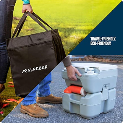 Alpcour Portable Toilet – Compact Indoor & Outdoor Commode w/Travel Bag for Camping, RV, Boat & More – Piston Pump Flush, 5.3 Gallon Waste Tank, Built-In Pour Spout & Washing Sprayer for Easy Cleaning