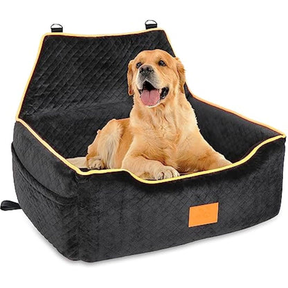 GL GLENSLAVE Dog Car Seat for Large/Medium Dogs, Dog Booster Seat for Pet Under 55Lbs or 2 Small, Detachable and Washable Travel Pet Bed with Thick Cushion and Storage Pockets (Black)