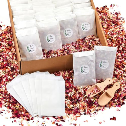 Tenare 100 Sets Wedding Confetti Bags Kit for 95-100 Guests, Includes Natural Dried Flower Rose Petals Glassine Confetti Bags Stickers Wooden Scoop
