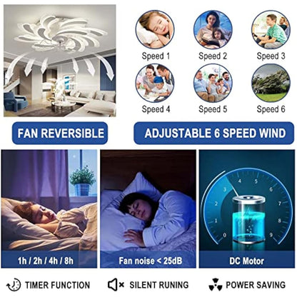 YUNZI LED 50W Ceiling Fan with Lamp, Quiet Fan Ceiling Light, Modern Dimmable Ceiling Fan Lighting for Living Room Dining Room Bedroom Kitchen, Adjustable 6 Speeds, White 80CM
