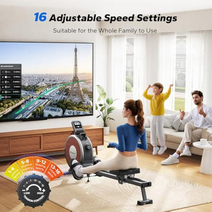 MERACH Rowing Machine for Home Gym, Magnetic Rower with 16 Levels of Quiet Resistance, Dual Slide Rails, 158 kg Weight Capacity, App Compatible
