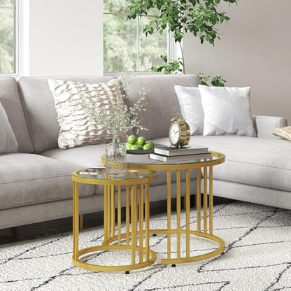 HOMCOM Nest of Tables, Round Coffee Tables Set of 2 with Tempered Glass Top and Steel Frame for Living Room, Gold Tone