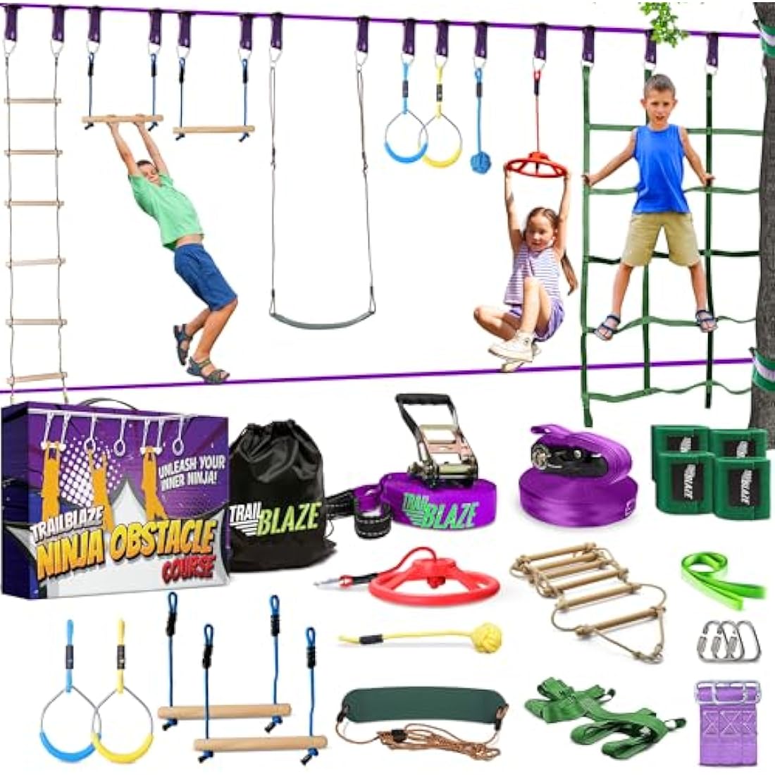 Ninja Warrior Obstacle Course for Kids Workout Equipment, 2 x 55ft Slacklines with 10 Weatherproof & Durable Obstacles - Cargo Net, Rope Ladder & More - Ninja Course for Kids Outside