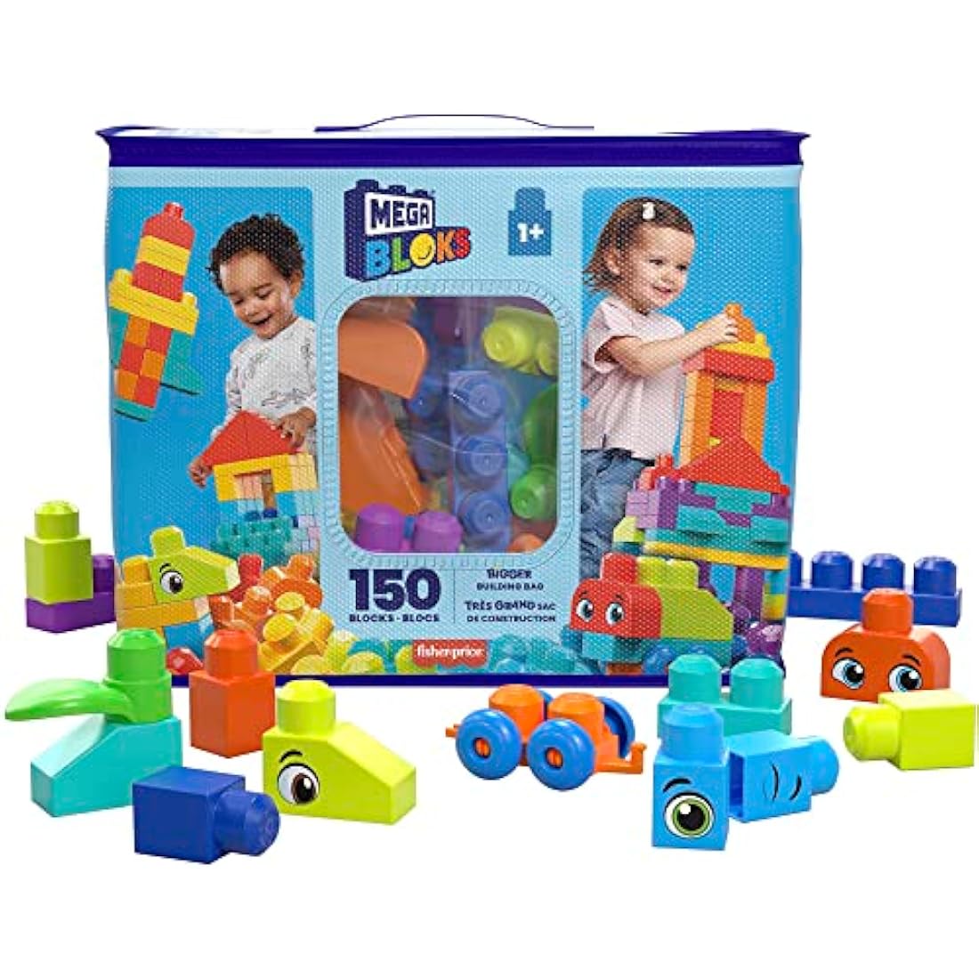 MEGA BLOKS Bigger Building Bag building set with 150 big and colorful building blocks, and 1 storage bag, toy gift set for ages 1 and up