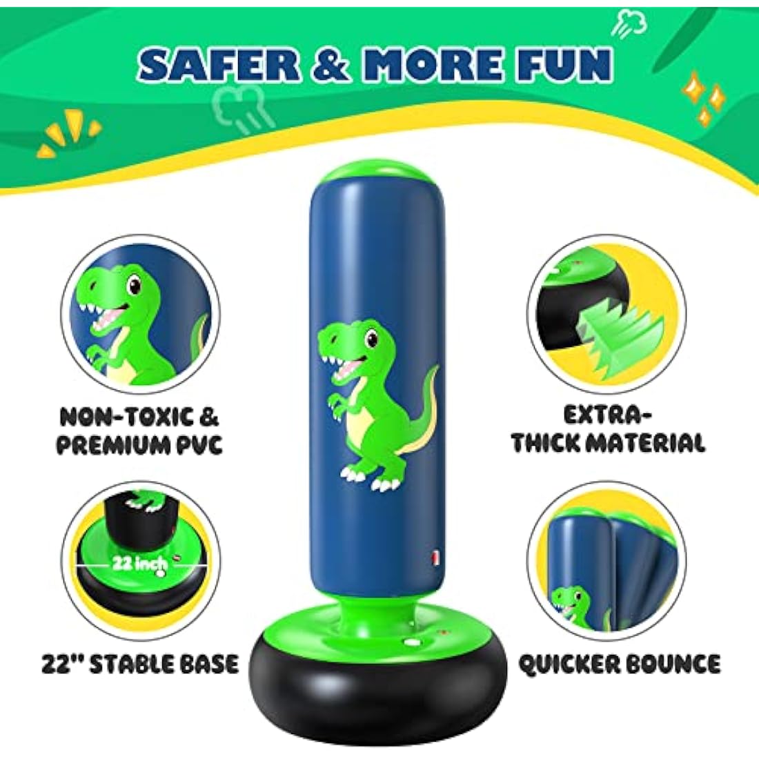 QPAU Inflatable Kids Punching Bag, 48 Inch Stable Boxing Bag with Boxing Gloves, Punch Bag Dinosaur Toy & Gifts for Boys Girls Age 3-8, Set for Practicing Karate, Taekwondo, MMA