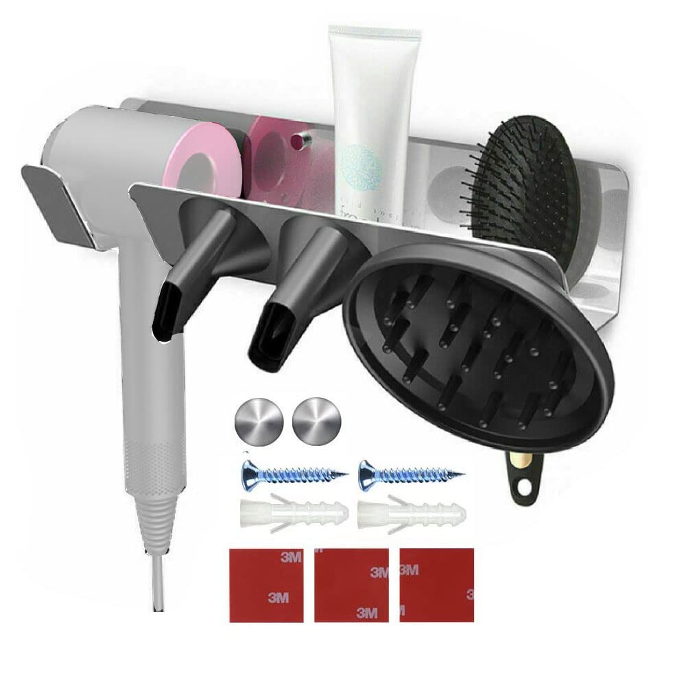 NganSuRong Hair Dryer Holder Wall Mounted, Stainless Steel Magnetic Storage for Attachments, Hairdryer Holder Stand Compatible with Dyson Supersonic,