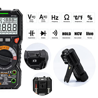 KAIWEETS HT118A Digital Multimeter Professional, T-RMS Autoranging Multitester 6000 Counts Measures AC/DC Current, Voltage, Continuity, Capacitance, NCV, Resistance, Duty, Diodes, Live, LED Jacks