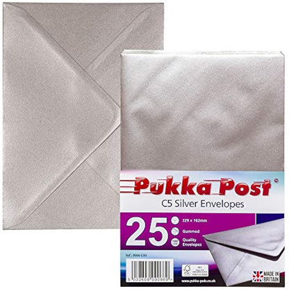Pukka Pad, Pukka Post & Packaging Gummed Envelopes - Pack of 25, Ready-to-Seal, Durable 100GSM Postal Envelopes for Letters, Invitations, and Other Mail - 229 x 162 mm, Size C5, Silver