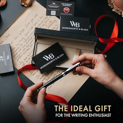 Wordsworth & Black Fountain Pen Set, 18K Gilded Fine Nib, Includes 24 Pack Ink Cartridges, Ink Refill Converter & Gift Box, Gold Finish, Calligraphy, [Black Chrome], Perfect for Men & Women