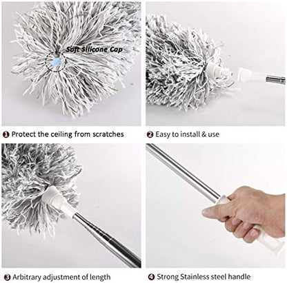 Feather Duster Extendable with Stainless Steel Extension Pole, 100 Inches Extra Long Telescopic Dusters, Microfiber Duster with Bendable Head for Cleaning Interior Roof, Cobweb, Ceiling Fan, Cars