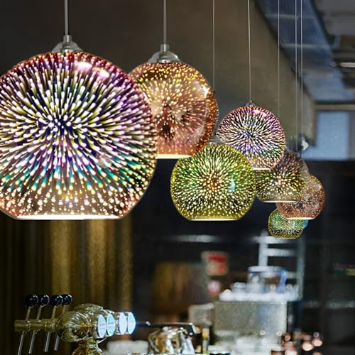 KRUIHAN 3D Firework Light Glass Pendant Light Shade Hanging Ceiling Lights E27 Base Coloured Chandelier for Bedroom,Living Room,Kitchen,20CM(Silver)