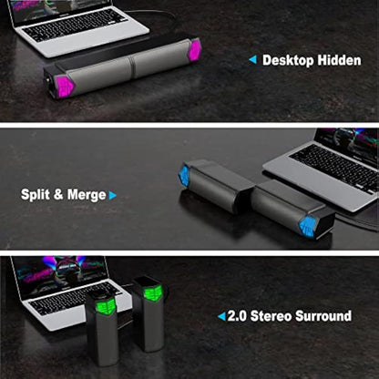 Smalody PC Speaker, 2 in 1 Detachable Computer Speaker Stereo Bluetooth Speakers Dynamic Cool RGB LED Design Compatible with Desktop/Laptop/Smartphone/Projector