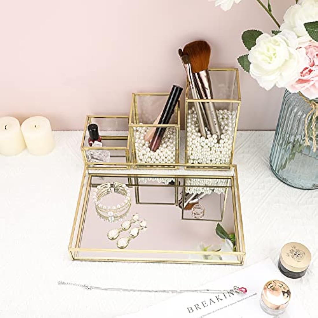 Tolida Gold Glass Combined Cosmetic Box with Stackable Makup Brush Holer and Jewelry Tray, Cosmetic Brush Eyeliner Display, Pen Pencil Holder with Mirrored Vanity Tray for Dresser Bathroom Bedroom
