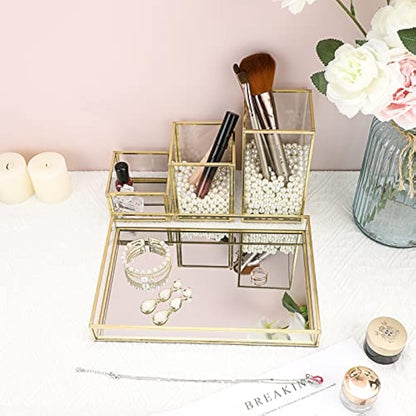 Tolida Gold Glass Combined Cosmetic Box with Stackable Makup Brush Holer and Jewelry Tray, Cosmetic Brush Eyeliner Display, Pen Pencil Holder with Mirrored Vanity Tray for Dresser Bathroom Bedroom