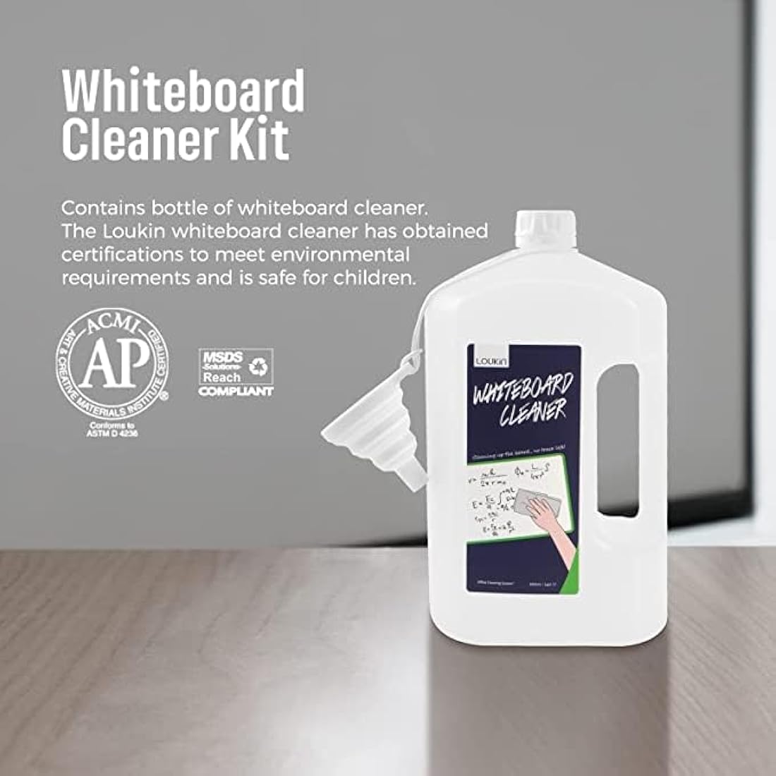 loukin Non-Toxic Whiteboard Cleaner, 1 Gallon (128oz) Dry-Erase Board Cleaner Ready-to-Use Refill, Connected Collapsible Silicone Funnel for Canned Liquid, Removes Whiteboard Stains