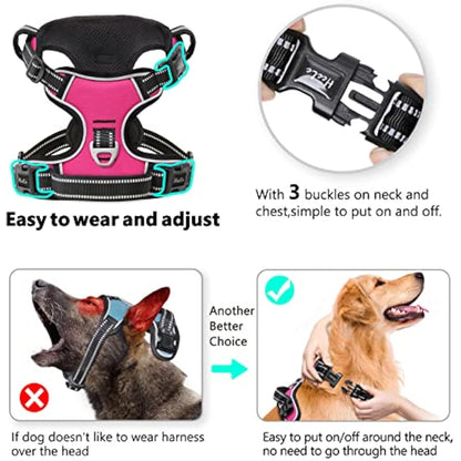 HEELE No Pull Dog Harness, Release on Neck, Reflective Adjustable with Front Back 2 Leash Attachments and Soft Padded Control Handle for Small Medium Large Dogs, Fuchsia, M