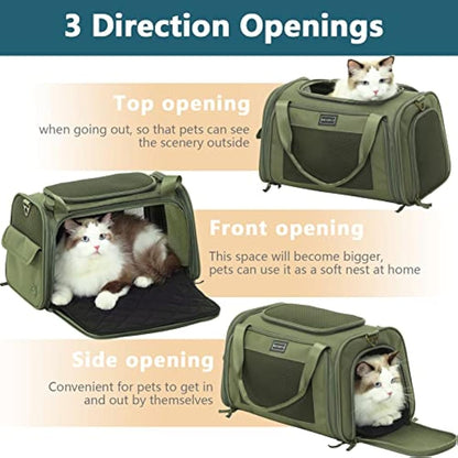 Petsfit Cat Carrier Large,Small Dog Travel Carrier with Soft Expandable Mat, Airline Approved Collapsible Transport Bag with Ventilation Quadrangle Oxford Fabric, Portable Cat Bag, Green