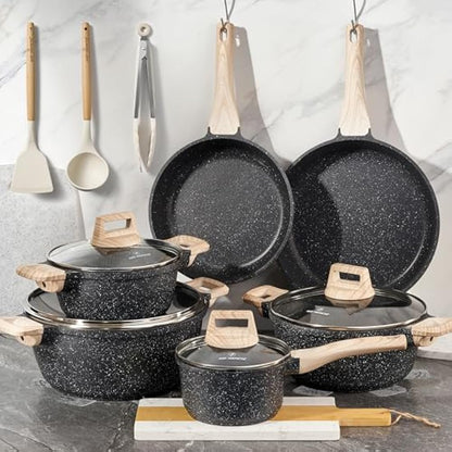 Just Perfecto Pots and Pans Sets Non Stick, Induction Hob Pan Set of 15 pcs, Saucepan Set, Non Stick Frying Pan Set with Lid Stock Pot, Deep Frying Pan, Pots and Pans Set Hob Granite Cookware Set